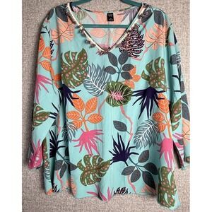 Emery Rose Floral Hawaiian Blue Pink Green‎ Fringe V Neck Bell Sleeve Top 4XL